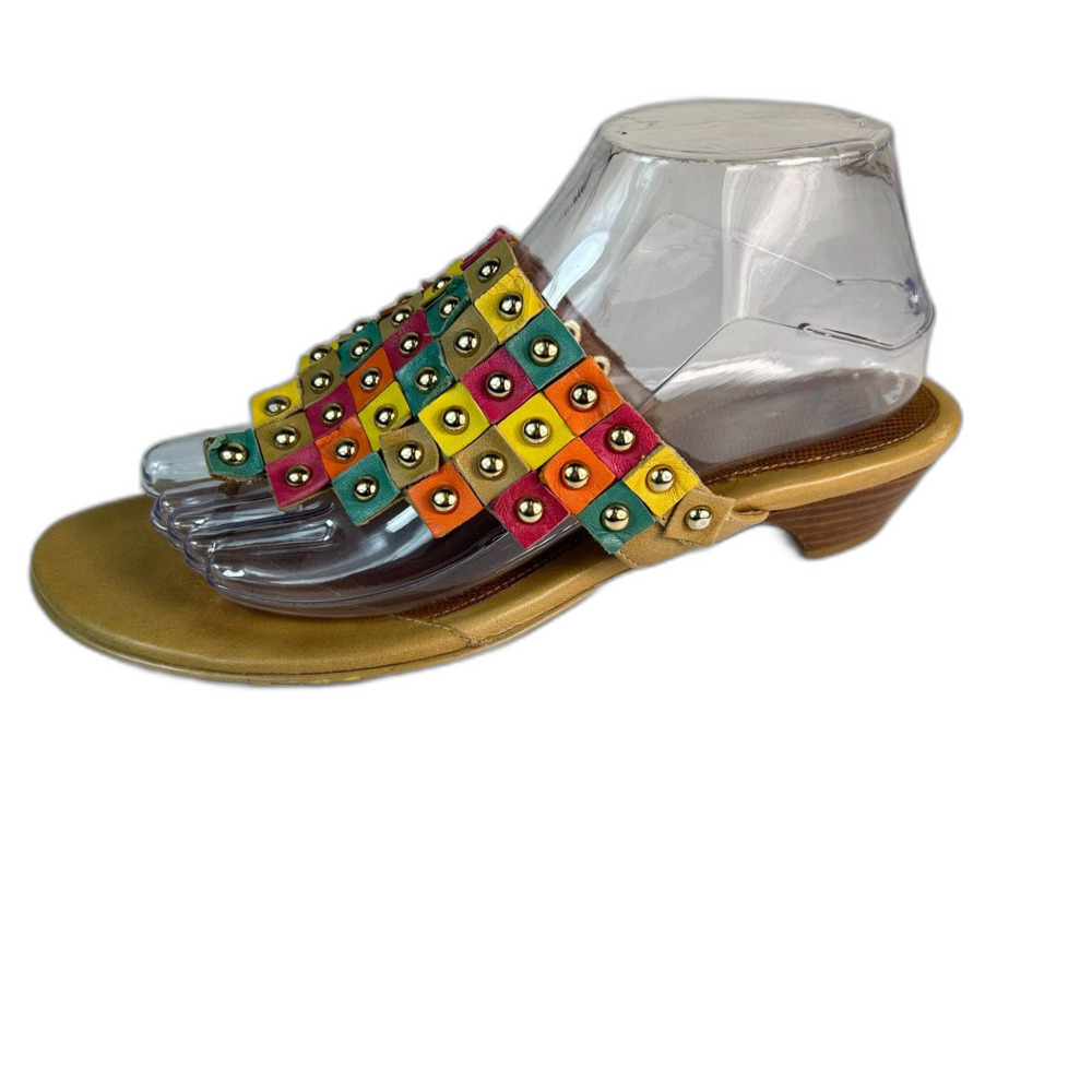 Sofft Womens Fiji Multicolor Leather Studded Toe Post Kitten Heel Sandals Size 9